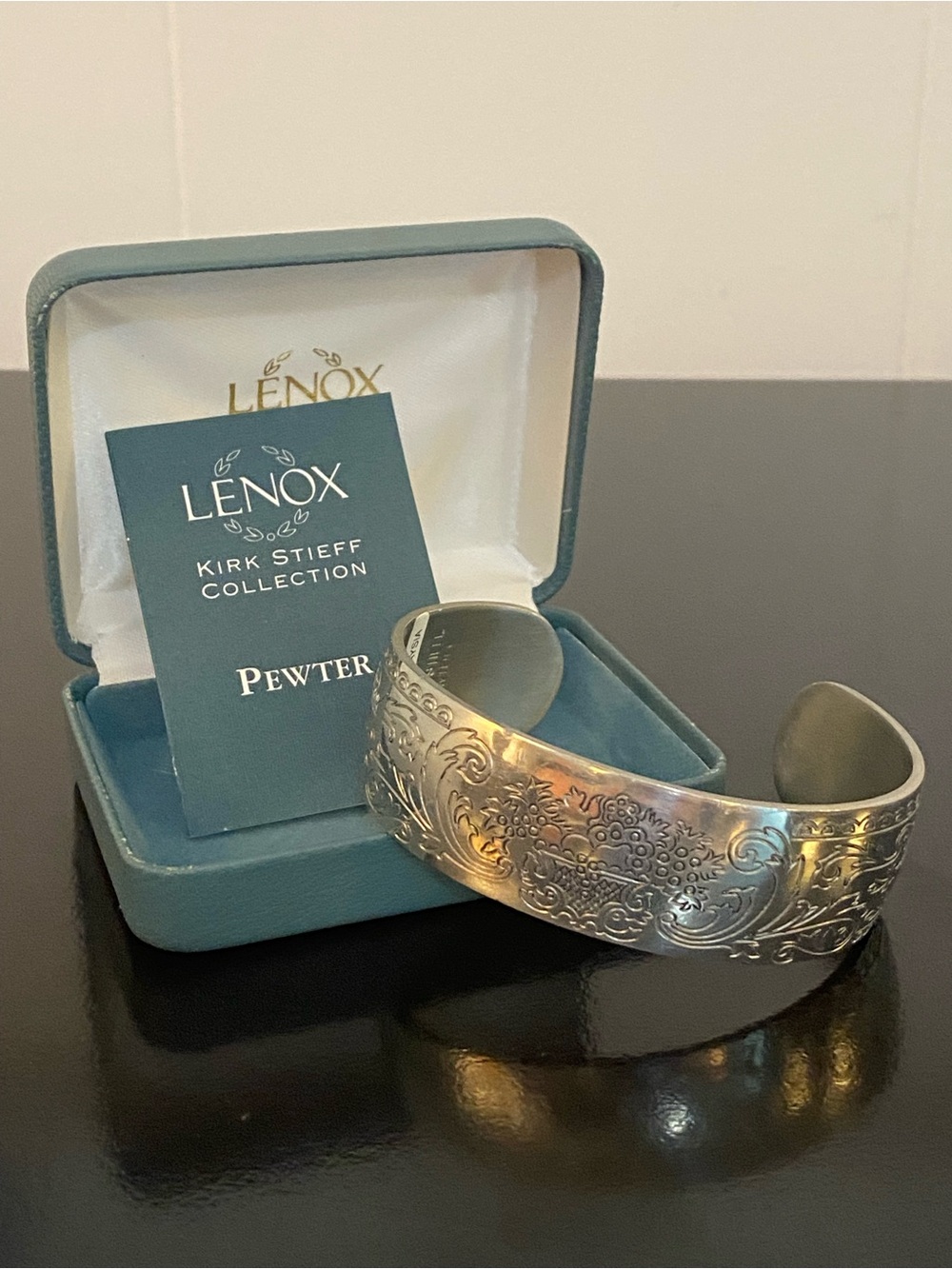 Lenox Kirk Stieff Collection Etched Pewter Cuff Bracelet with Original Box
